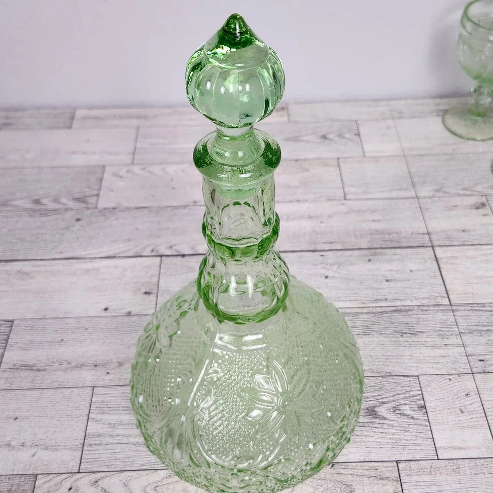 Vtg Indiana Sandwich Glass Chantilly Green Tiara Exclusive Decanter Set 10344